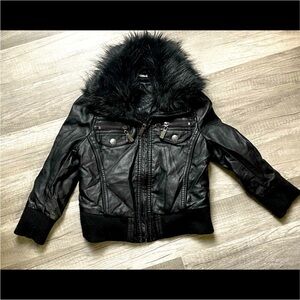 JouJou girls Vegan leather jacket Black faux  Fur Collar 4T